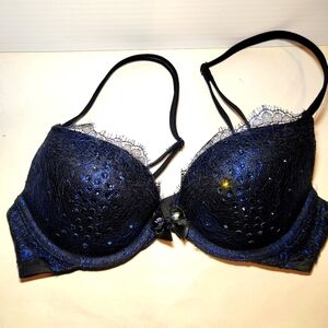 Victoria's Secret Scandalous black blue lace rhinestones bra 32B